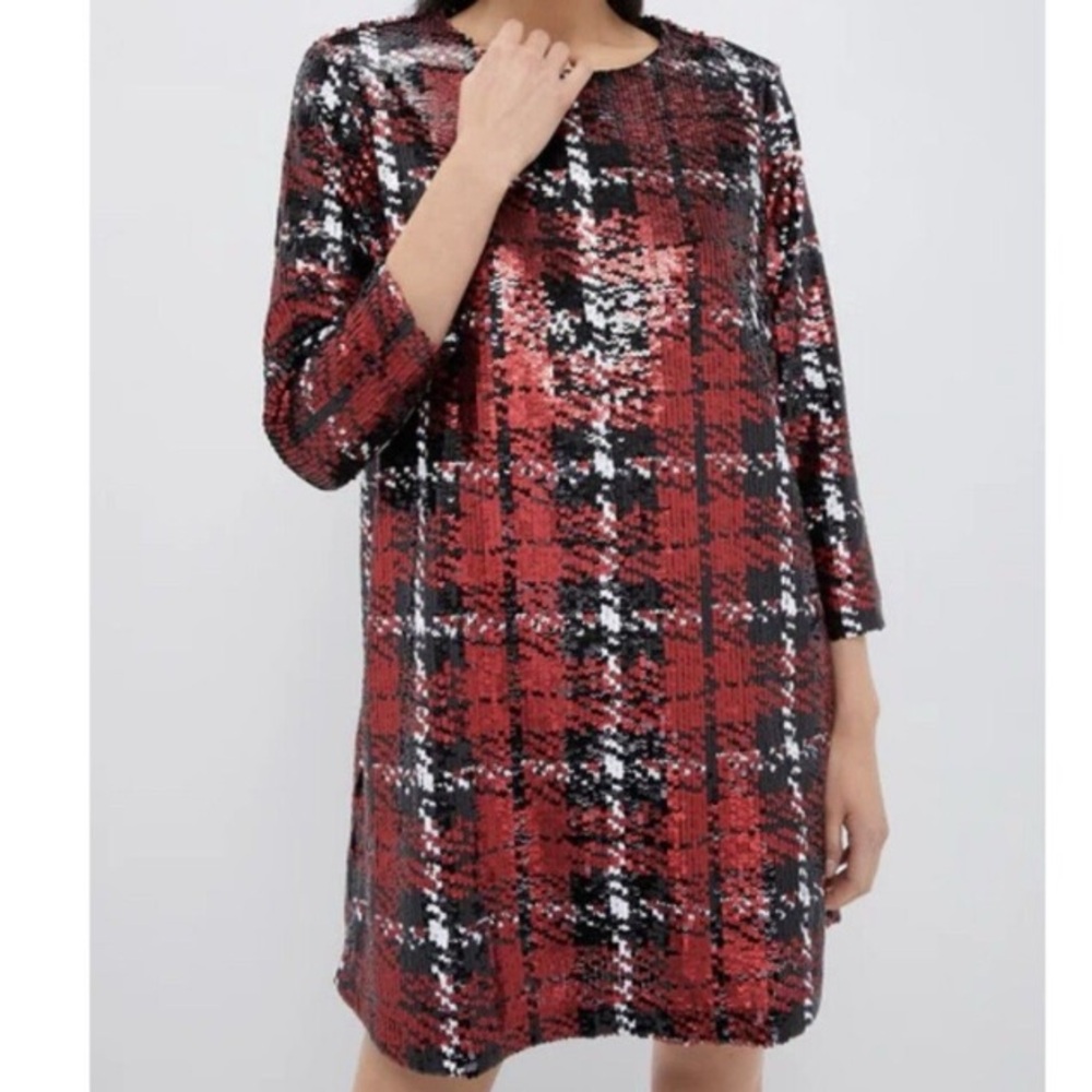 🆕 TUCKERNUCK Pierre‎ Red Houndstooth Plaid All-Over Sequin Mini Shift Dress M